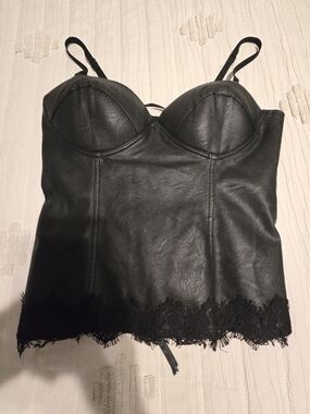 Black Faux Leather Lace-Trim Bustier Top